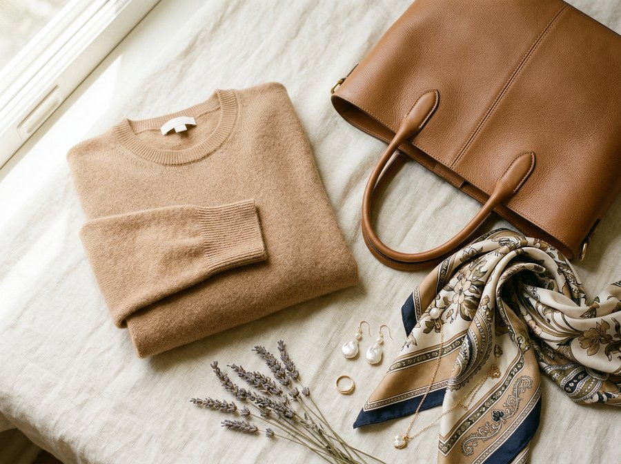 Elegant clothing flatlay with cashmere sweater, silk scarf, and leather tote