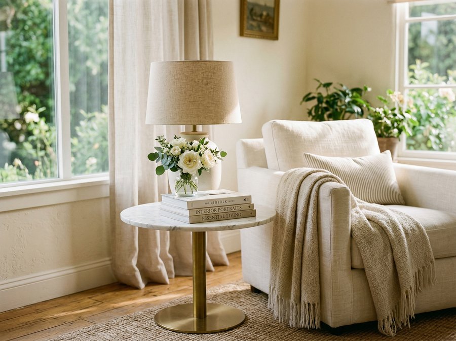 Sunlit elegant living room with marble table, roses, and neutral linen chair