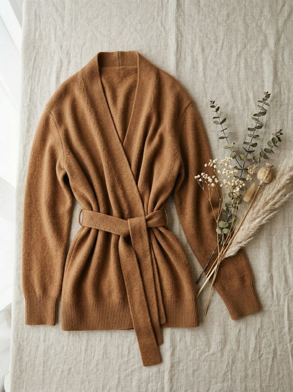 Caramel cashmere wrap cardigan with dried botanicals