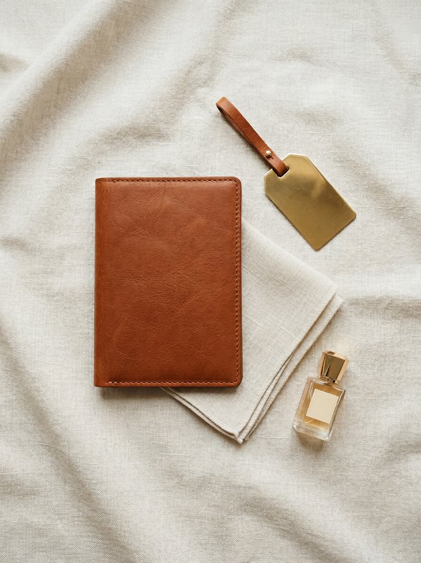 Cognac leather passport holder with gold luggage tag and perfume