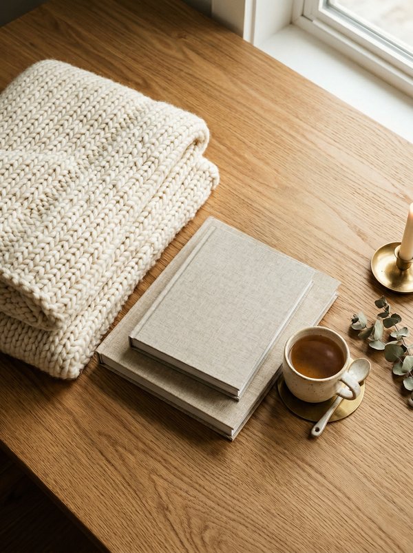 Ivory chunky knit throw blanket with coffee table books and tea